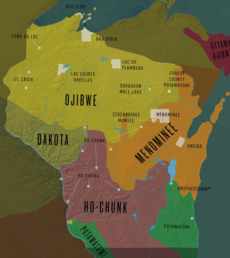 Map: A map showing each of the Tribal Nations in what is now called Wisconsin, circa 1800. Credit: Native Nations map from “The Ways”