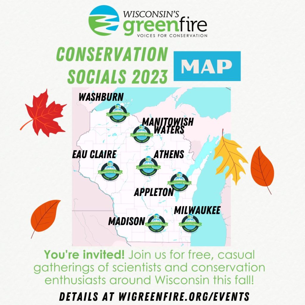 Graphic map of Wisconsin with 7 conservation socials locations, WGF logo, and autumn leaves