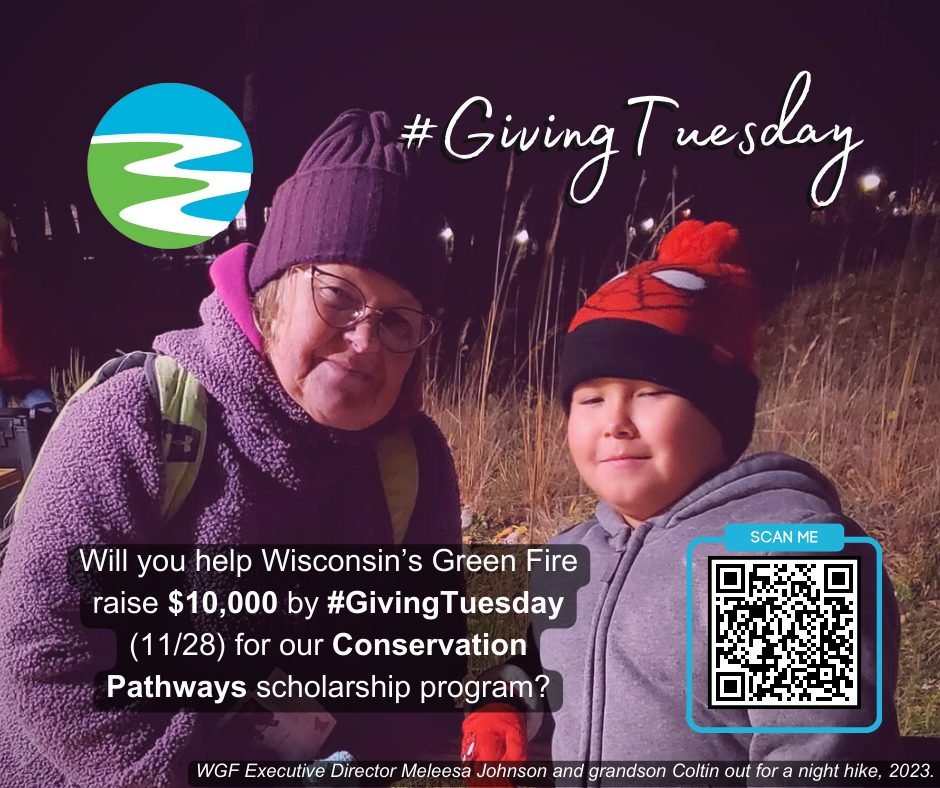 WGF ED Meleesa Johnson and grandson Coltin bundled up for a night hike in fall 2023, text and graphics for #givingtuesday and qr code