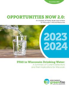 cover page of Opportunities Now paper on PFAS 2023 with green and blue graphics, image of a glass of water with a blurred leafy backdrop