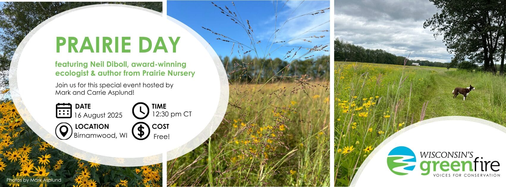 prairie images and event information text overlay