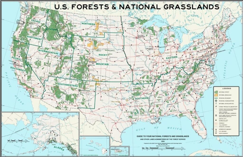 Map of USA showing US National Forests and Grasslands