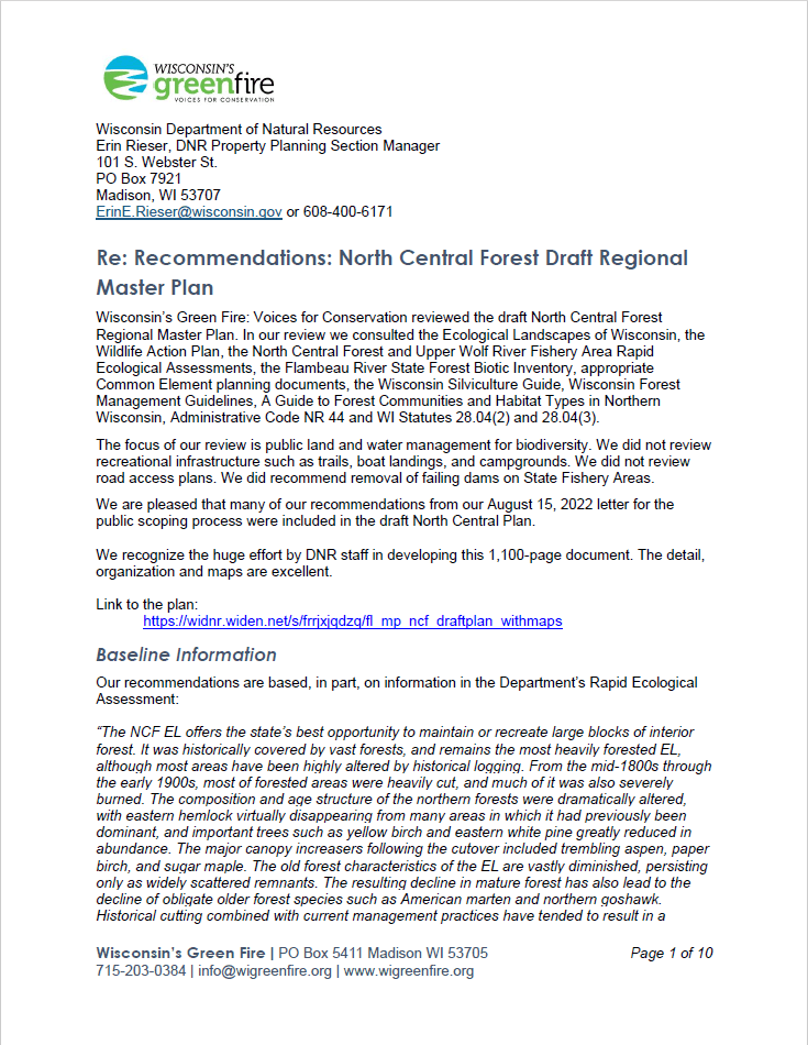 Recommendations: North Central Forest Draft Regional Master Plan, Dec. 2025, page 1